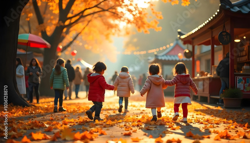 children playing in the park in autumn