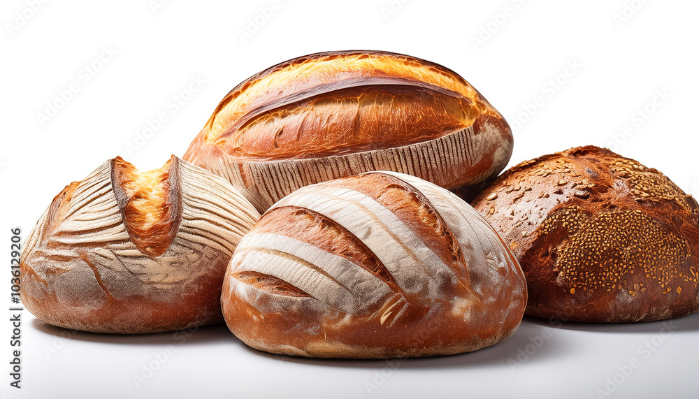 An array of freshly baked sourdough breads with distinct artisanal patterns, isolated on a white background An array of freshly baked sourdough breads with distinct artisanal patterns, isolated on a white background
