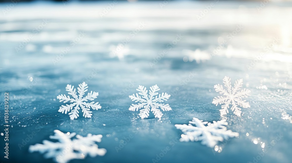 Snowflakes forming delicate designs on a frozen lake surface, winter serenity Snowflakes forming delicate designs on a frozen lake surface, winter serenity