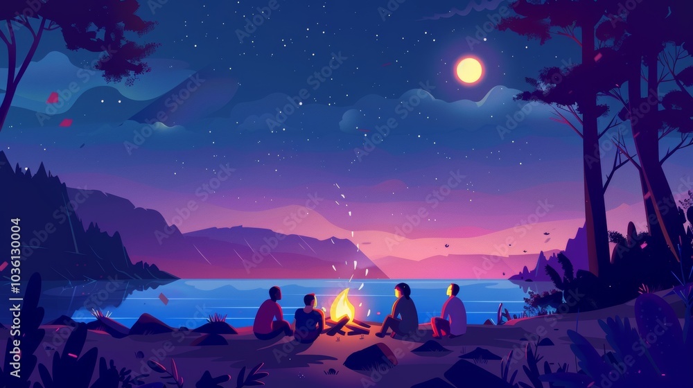 Fototapeta premium Illustration of Group of friends having a campfire party at night