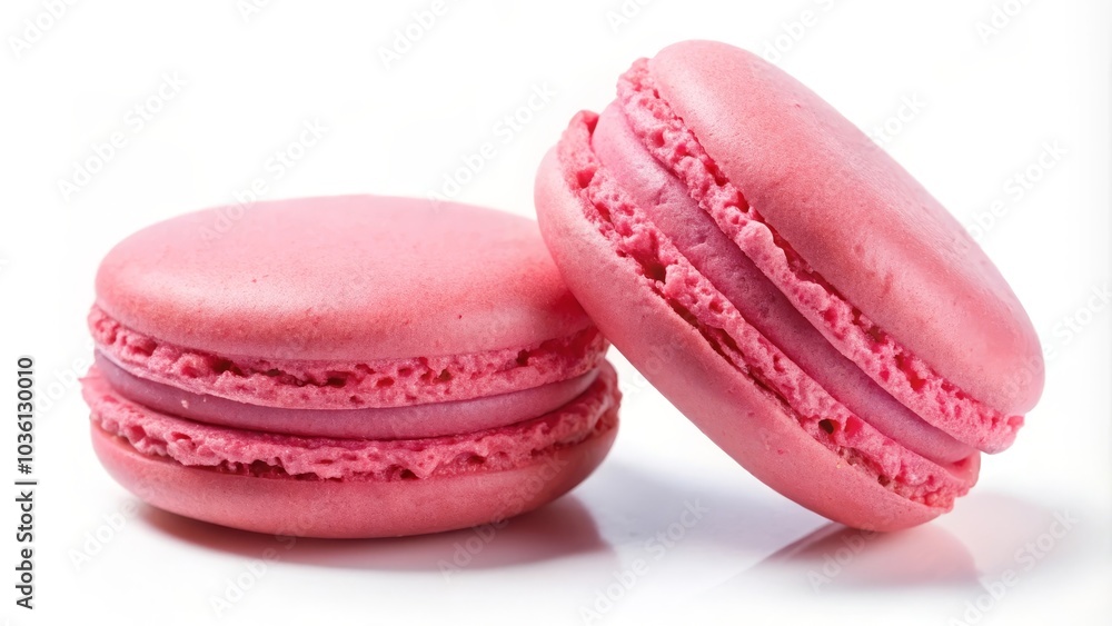 Two pink macarons are laying on a white reflective surface Two pink macarons are laying on a white reflective surface