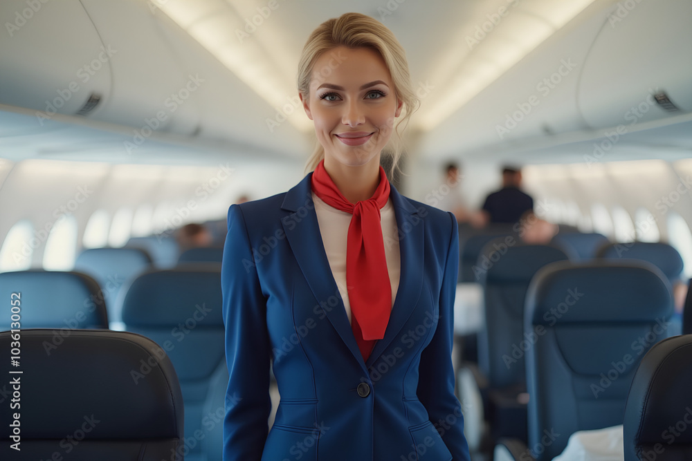 Cheerful stewardess welcoming passengers on a plane, she is wearing a white shirt, blue suit, a red scarf around her neck. Cheerful stewardess welcoming passengers on a plane, she is wearing a white shirt, blue suit, a red scarf around her neck.
