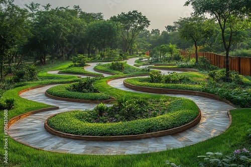 Serpentine pathway through a lush, green garden.