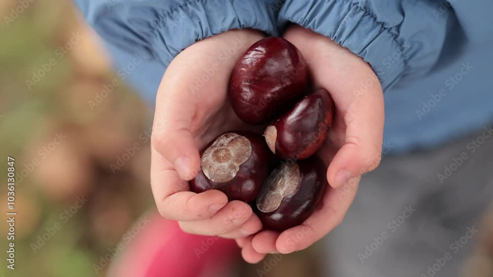 Child holding chestnuts in hands on a fall day. Concept of autumn nature, outdoor activity, and exploration in the park Child holding chestnuts in hands on a fall day. Concept of autumn nature, outdoor activity, and exploration in the park
