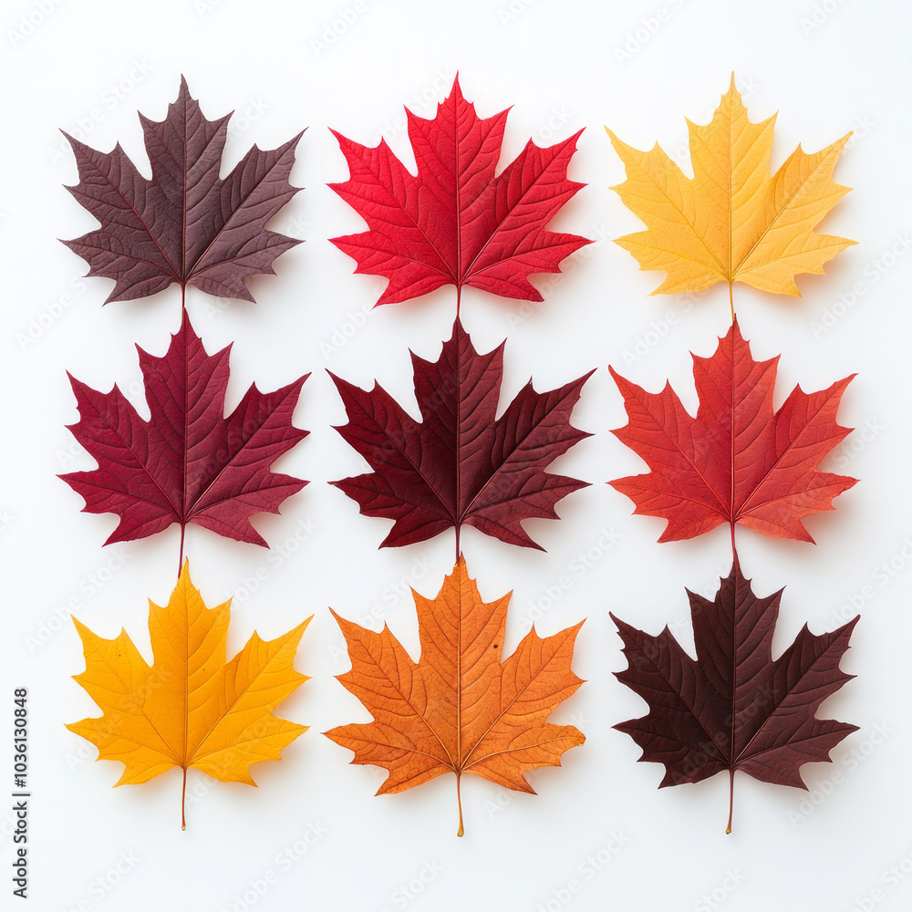 Fototapeta premium A vibrant display of fall colors as nine maple leaves arranged in a grid, showcasing shades of red, orange, and yellow.