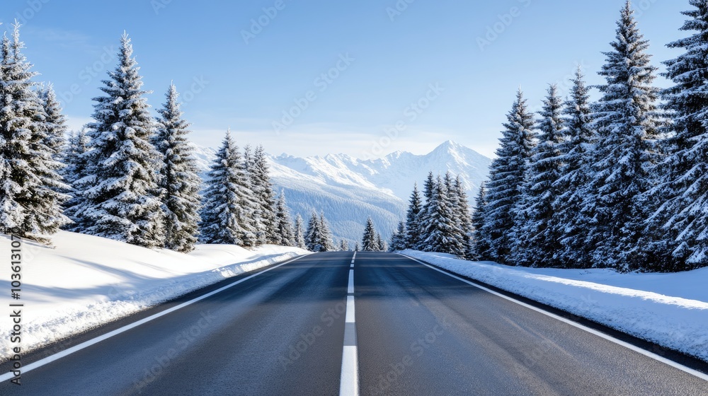 The road gracefully curves through snowy mountains, surrounded by tall pine trees and a vibrant blue sky filled with sunshine The road gracefully curves through snowy mountains, surrounded by tall pine trees and a vibrant blue sky filled with sunshine