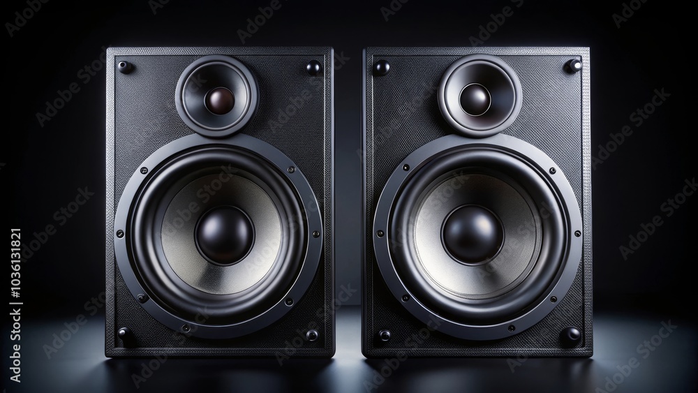 Two black audio speakers standing on a reflective surface with a dark background Two black audio speakers standing on a reflective surface with a dark background