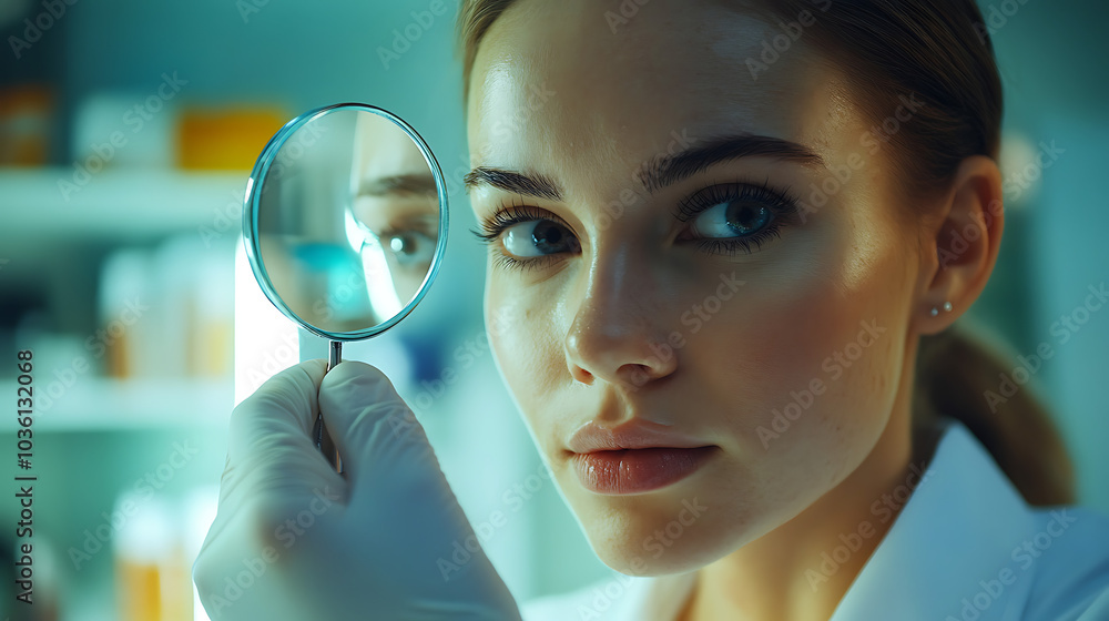 A woman is holding a magnifying glass up to her face A woman is holding a magnifying glass up to her face