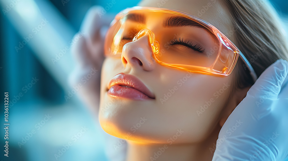 A woman wearing orange glasses is wearing gloves and looking at the camera A woman wearing orange glasses is wearing gloves and looking at the camera