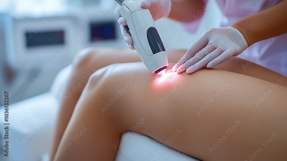 A woman is getting a laser treatment on her leg A woman is getting a laser treatment on her leg