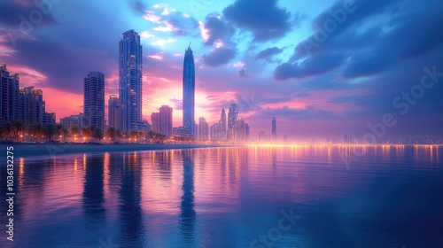 Cityscape at Dusk with Pink and Blue Sky Reflection