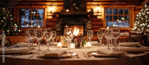 A cozy cabin setting with a fireplace, windows and Christmas trees in the background with a beautifully set dinner table in the foreground.