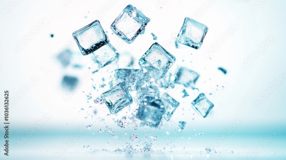 Ice cubes falling against a light blue background. Ice cubes falling against a light blue background.
