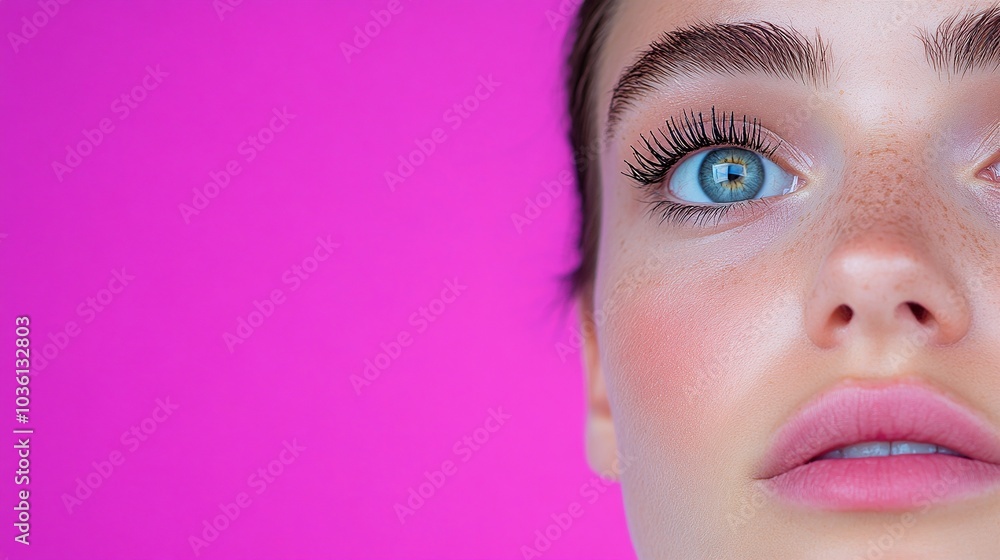 Fototapeta premium Close-up of a woman’s face, blue eyes, radiant skin, soft pink blush, pastel pink background, freckled complexion, natural beauty, minimal makeup, glowing artistic concept