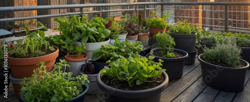 a image from a urban rooftop garden with various potted plants, herbs, and vegetables growing in containers, captured with a standard lens during a late afternoon