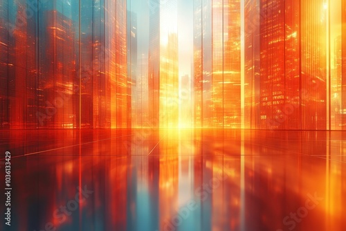 A vibrant sunset illuminating a futuristic cityscape reflected on a smooth surface in a digital environment