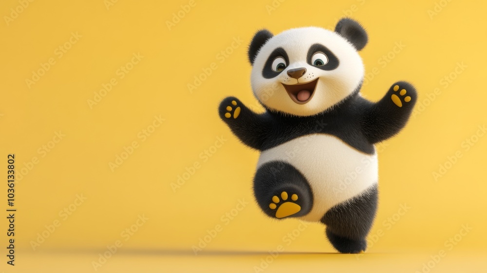 A cartoon panda is jumping in the air with its paws raised. The panda is smiling and he is happy A cartoon panda is jumping in the air with its paws raised. The panda is smiling and he is happy