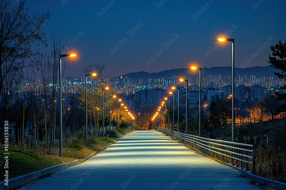 A long, illuminated pathway stretches towards a city skyline. A long, illuminated pathway stretches towards a city skyline.