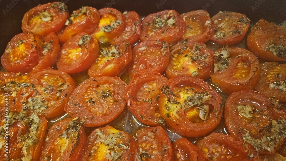 Baked tomatoes with seasoning and herbs, golden and crispy Baked tomatoes with seasoning and herbs, golden and crispy