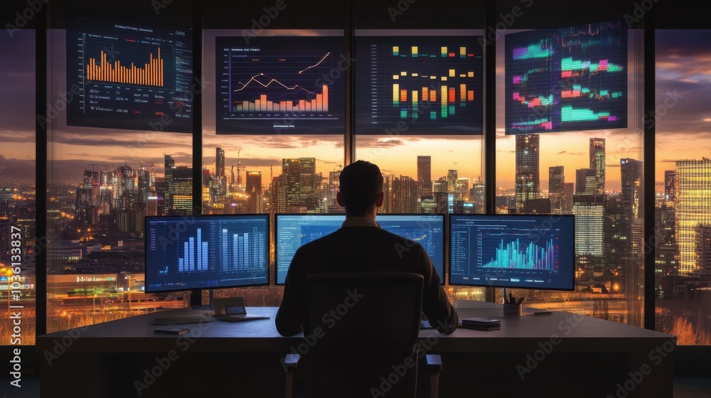 A digital marketer analyzing data and strategy on multiple screens in a sleek office space with a panoramic city view, Modern lifestyle theme, Office workspace scene A digital marketer analyzing data and strategy on multiple screens in a sleek office space with a panoramic city view, Modern lifestyle theme, Office workspace scene