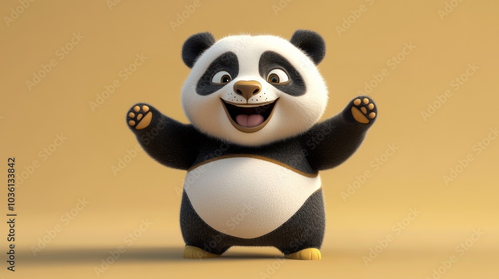 A cartoon panda is standing on a yellow background with a big smile on its face. The panda is holding its arms out wide, as if it's excited or happy. Concept of joy and playfulness A cartoon panda is standing on a yellow background with a big smile on its face. The panda is holding its arms out wide, as if it's excited or happy. Concept of joy and playfulness