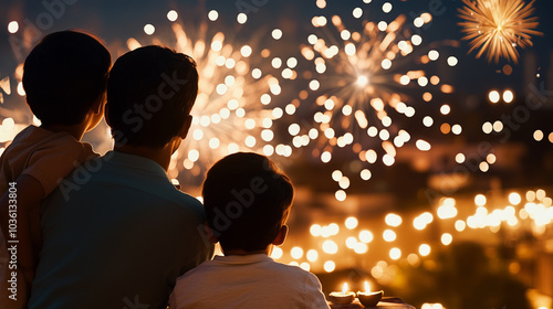 Family Enjoying Fireworks on Rooftop Terrace During Diwali