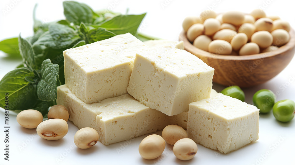 Tofu cubes stacked with fresh mint leaves and soybeans on white background create fresh and healthy scene. composition highlights natural ingredients Tofu cubes stacked with fresh mint leaves and soybeans on white background create fresh and healthy scene. composition highlights natural ingredients