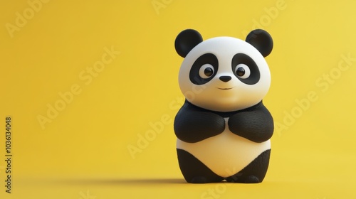 A cartoon panda is standing on a yellow background. The panda is smiling and he is happy