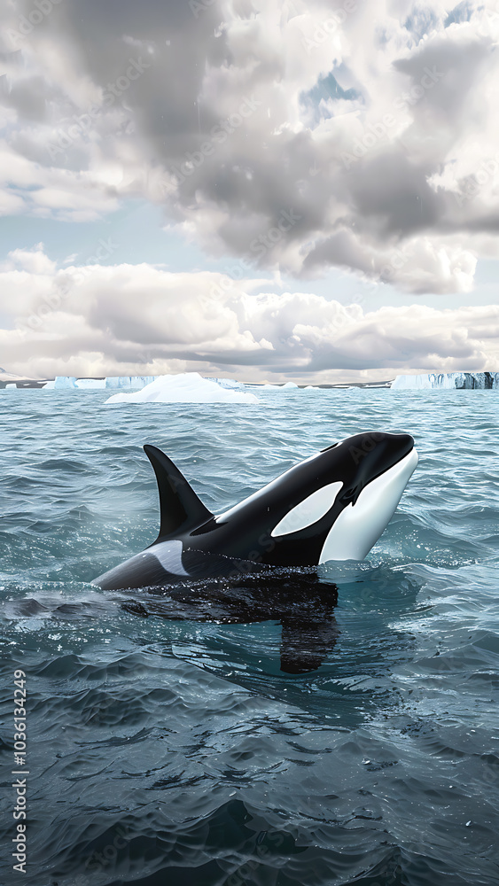 Obraz premium Orca breaching in ocean under cloudy sky