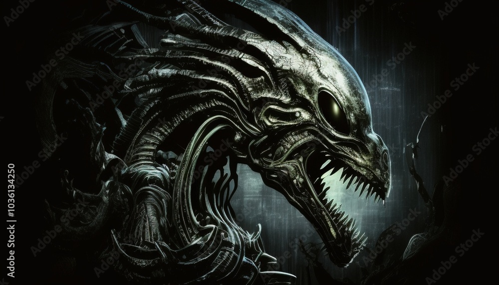 Menacing Alien in a Dark Futuristic Landscape Menacing Alien in a Dark Futuristic Landscape