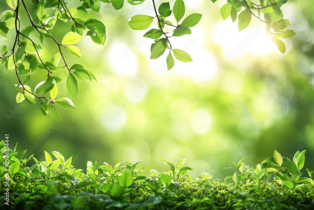 A serene green landscape with fresh leaves framing a sunlit background in a tranquil outdoor setting A serene green landscape with fresh leaves framing a sunlit background in a tranquil outdoor setting