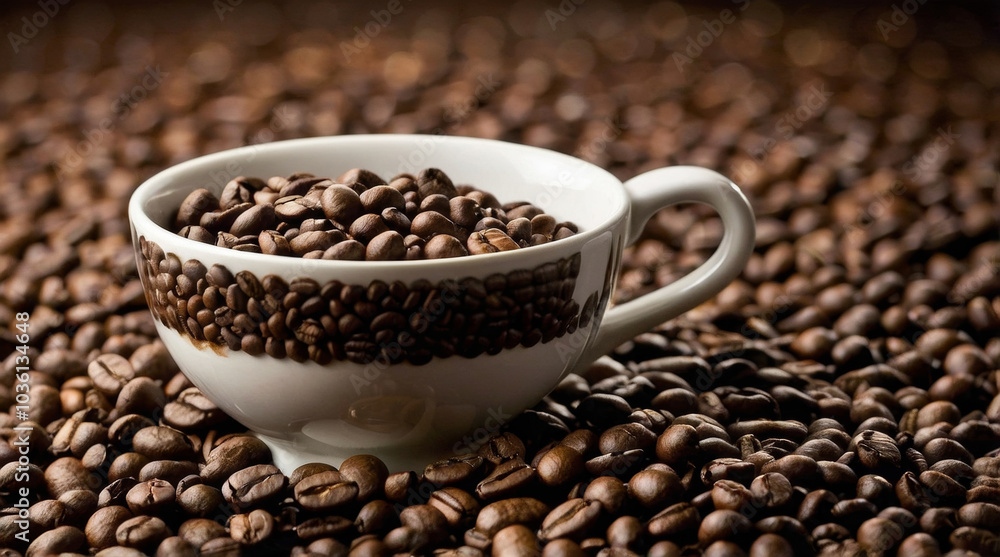 Fototapeta premium Creative and artistic image featuring a cup and coffee beans