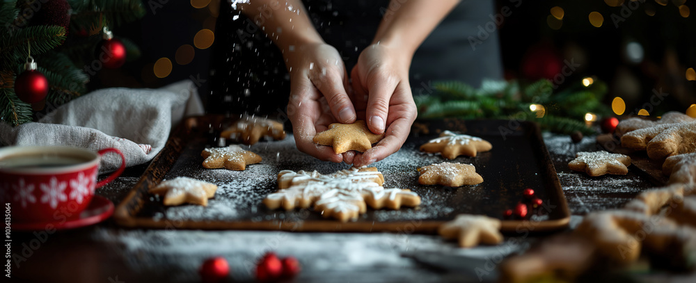 Hands making homemade snowflake cookies. Festive holiday baking, Christmas preparation, sweet treats Hands making homemade snowflake cookies. Festive holiday baking, Christmas preparation, sweet treats
