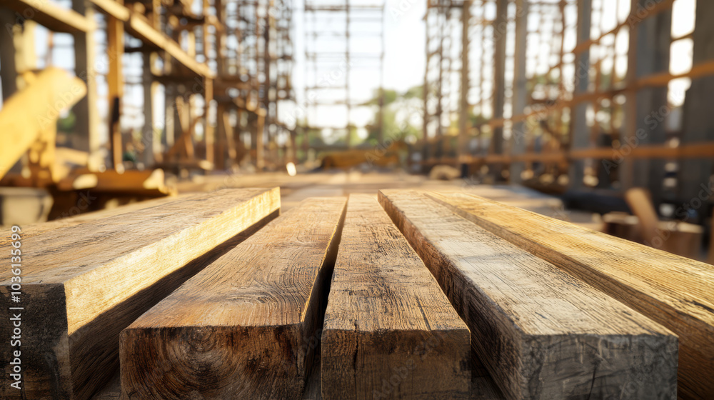 Wooden planks in sunlit construction site create warm, rustic atmosphere. focus on wood grain highlights natural texture and craftsmanship Wooden planks in sunlit construction site create warm, rustic atmosphere. focus on wood grain highlights natural texture and craftsmanship