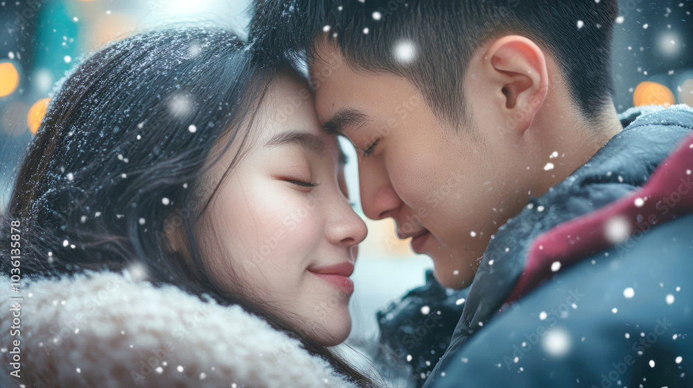 Tender embrace of an Asian couple in love outdoors on a snowy day, sharing a moment of connection and warmth in a serene winter setting Tender embrace of an Asian couple in love outdoors on a snowy day, sharing a moment of connection and warmth in a serene winter setting
