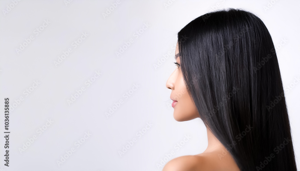 Black long hair on side position provides copy space for text. background concept isolated white Black long hair on side position provides copy space for text. background concept isolated white