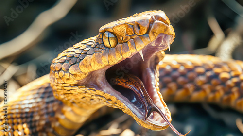 Close-up of a rattlesnake displaying fangs and ready to strike, showcasing intricate patterns in brown and yellow under natural light