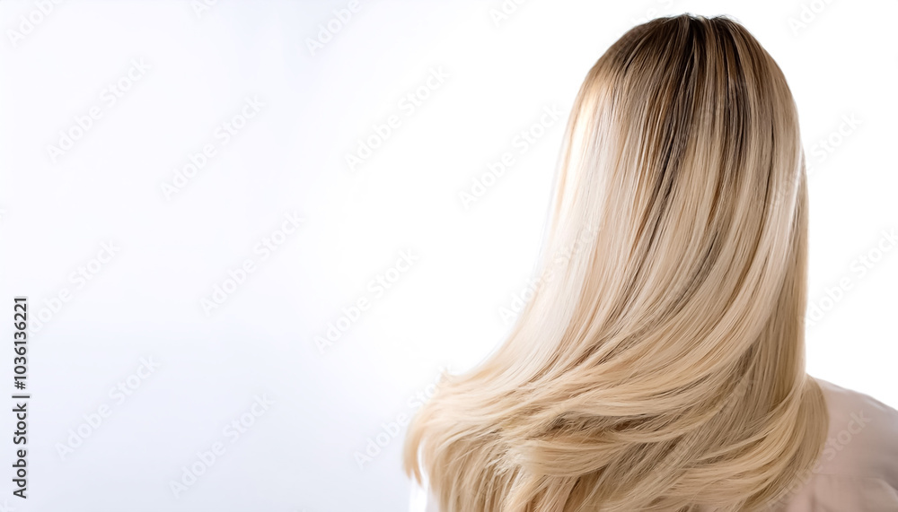 blonde hair in back side on side position provides copy space for text. background concept isolated white blonde hair in back side on side position provides copy space for text. background concept isolated white