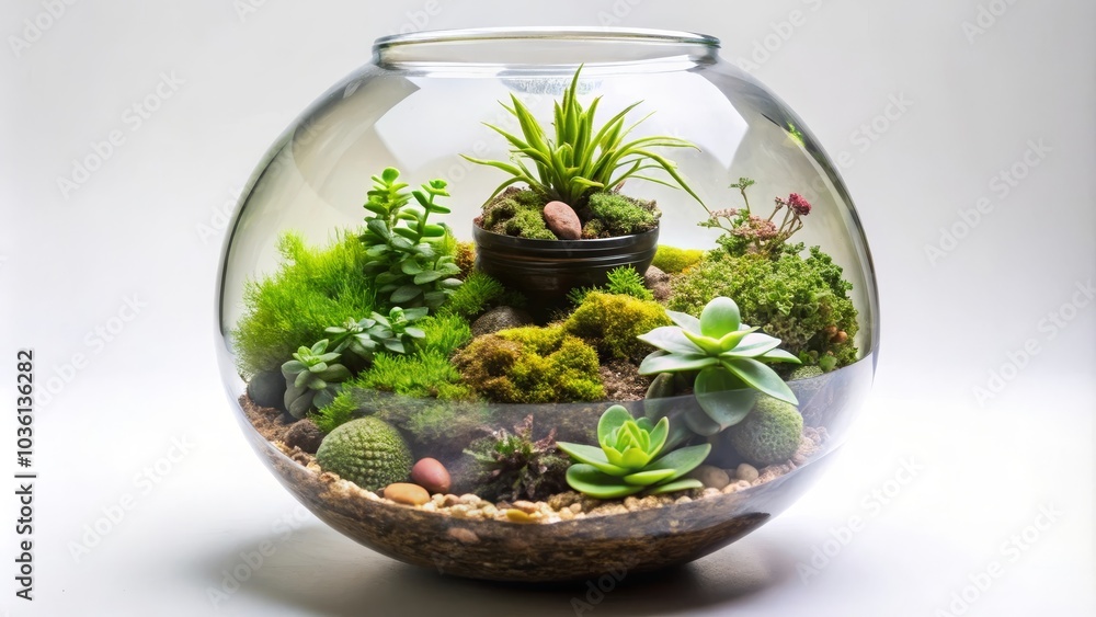 Miniature desert garden growing inside a glass jar, with sand, succulents, moss and decorative stones Miniature desert garden growing inside a glass jar, with sand, succulents, moss and decorative stones
