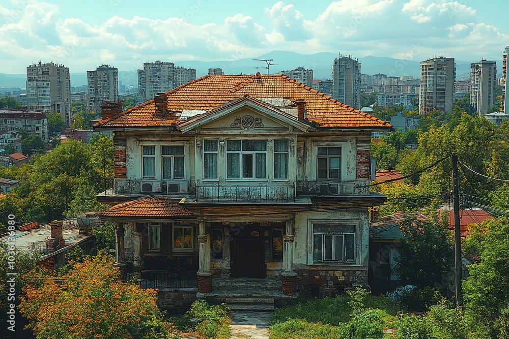 An old, two-story house with a red tile roof stands out amongst the modern high-rises in the background. An old, two-story house with a red tile roof stands out amongst the modern high-rises in the background.