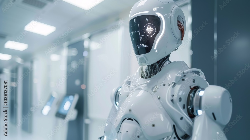 Futuristic robot operating a high-tech manufacturing plant Futuristic robot operating a high-tech manufacturing plant