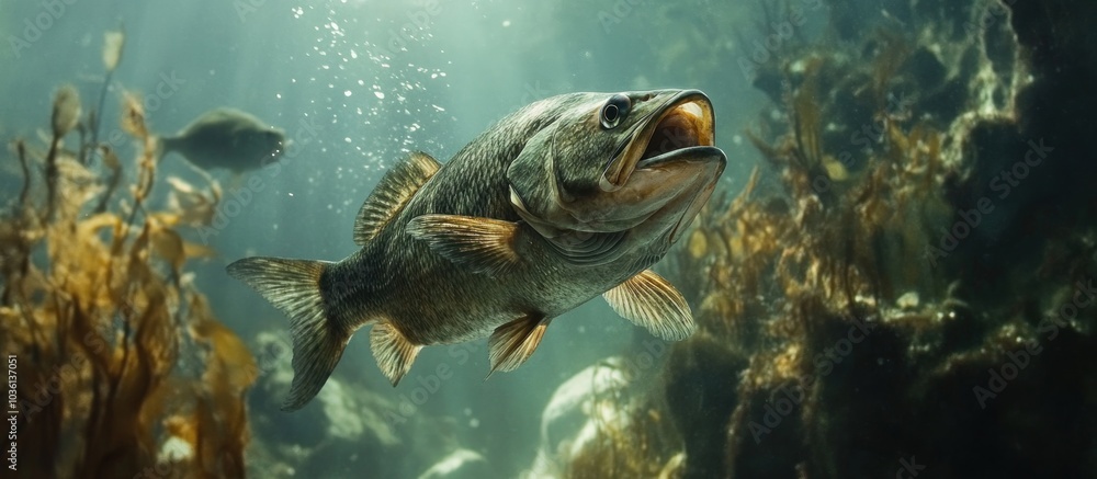 A largemouth bass swims through the water, its mouth open as if it is about to attack. The fish is surrounded by kelp, and there is a beam of light shining down from above. A largemouth bass swims through the water, its mouth open as if it is about to attack. The fish is surrounded by kelp, and there is a beam of light shining down from above.