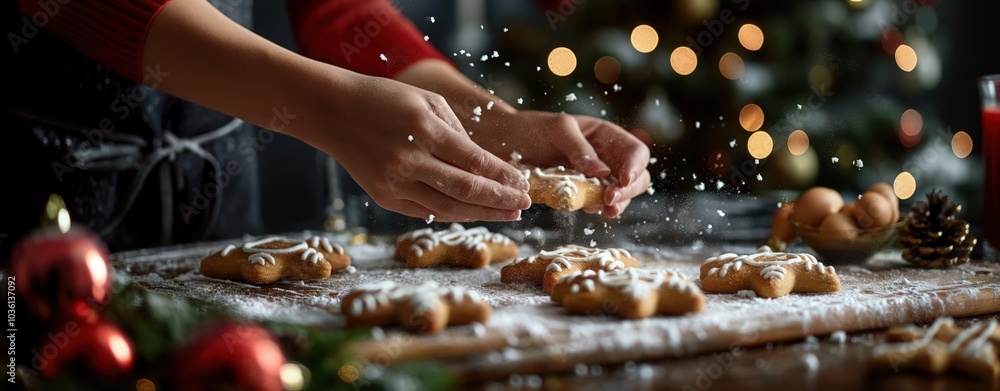 Hands making homemade snowflake cookies. Festive holiday baking, Christmas preparation, sweet treats Hands making homemade snowflake cookies. Festive holiday baking, Christmas preparation, sweet treats