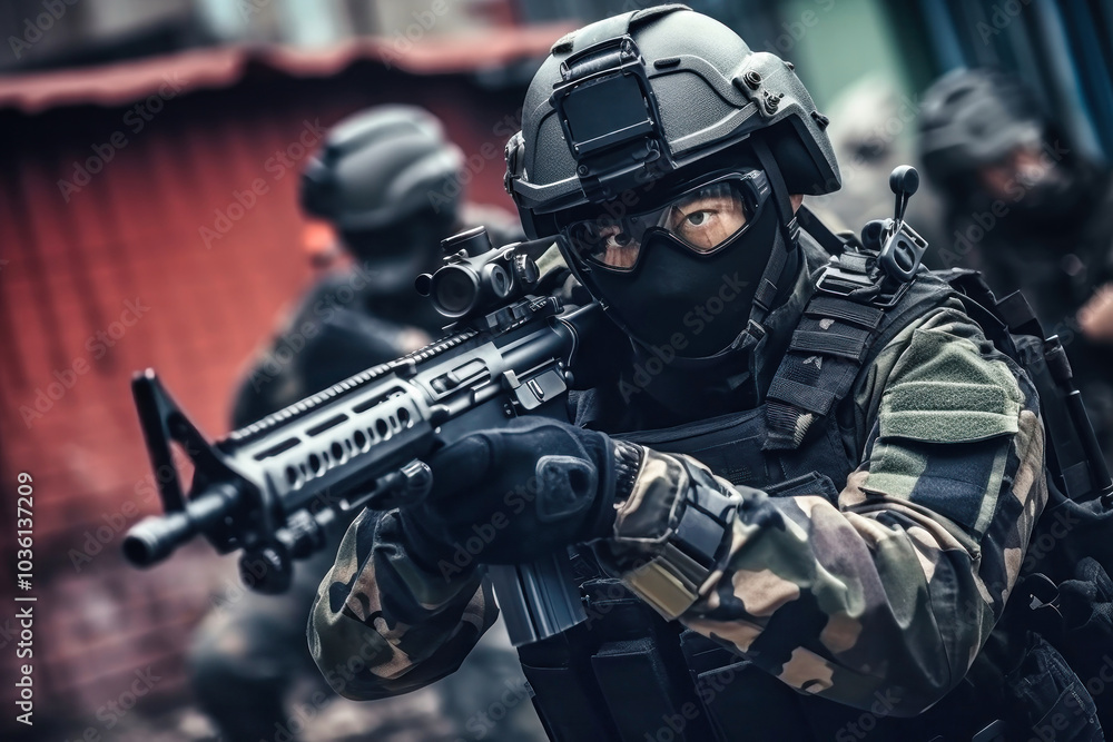Chinese soldier engaged in tactical training drill with weaponized firearm in urban environment during daylight hours Chinese soldier engaged in tactical training drill with weaponized firearm in urban environment during daylight hours