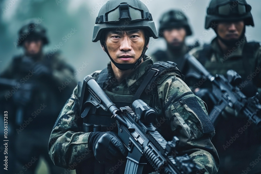 Chinese soldier standing alert with a rifle during a military training exercise in a forested area, showcasing teamwork and readiness among troops Chinese soldier standing alert with a rifle during a military training exercise in a forested area, showcasing teamwork and readiness among troops