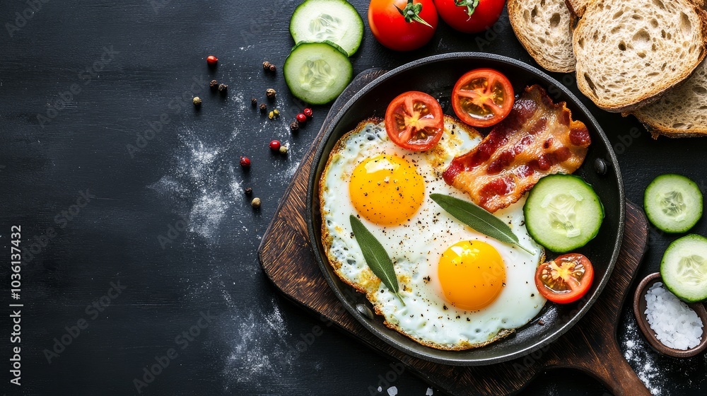 breakfast arrangement. Top view of a pan of cooked eggs with bacon, fresh tomato, cucumber, sage, and bread on a dark serving board with copy space on a black background breakfast arrangement. Top view of a pan of cooked eggs with bacon, fresh tomato, cucumber, sage, and bread on a dark serving board with copy space on a black background