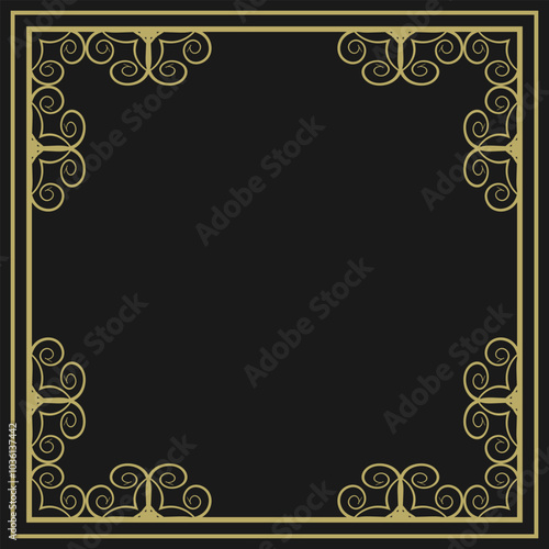 Square frame with vintage gold ornament on black background. Version 11. Vector illustration