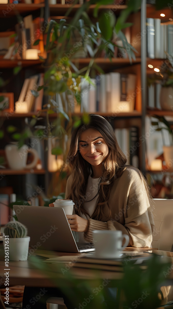 Cozy Caf? Scene with Woman Using Laptop Cozy Caf? Scene with Woman Using Laptop