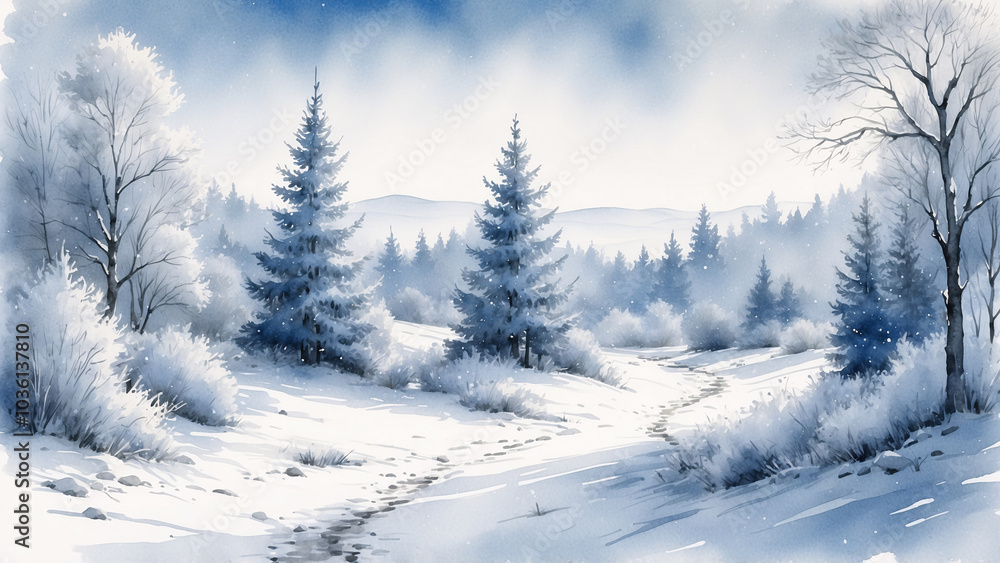 Fototapeta premium Snowy winter landscape with evergreen trees and a winding path under a soft blue sky, copy space