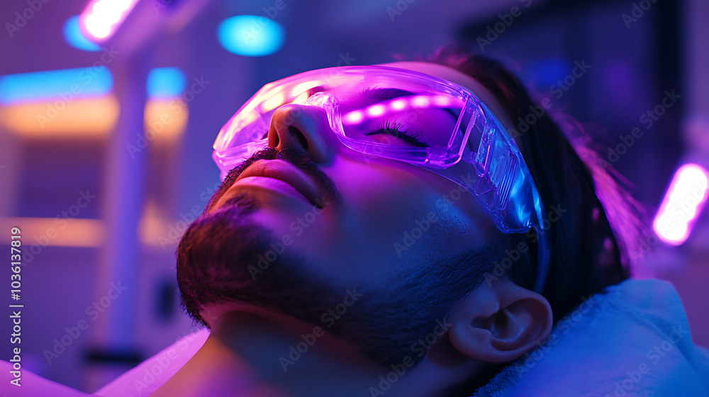 Obraz premium A man wearing purple glasses is lying down and looking at the camera